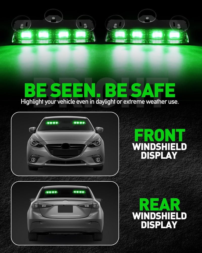 HLauto 2002L Emergency Dash Strobe Lights: Green Safety Lights, Flashing Warning Hazard Windshield Visor Traffic Light Bars for Trucks, Construction Vehicles (2x8.5 inch, 48LED) - Image 3